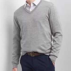 Gap Merino Wool V-neck Pullover Sweater Men M Gray Business Minimalist